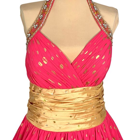 Gold & Pink Halter Formal Ball Gown Beaded Bodice Lace-Up Corset Back Kiss Kiss - Picture 3 of 14